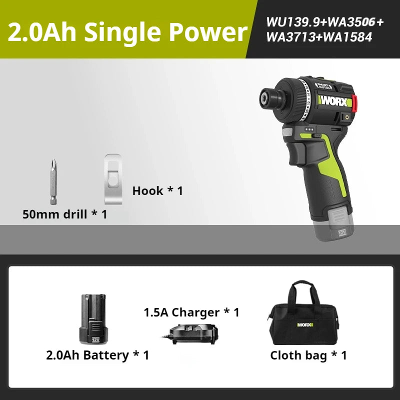 WORX WU139 Brushless Screwdriver Portable Cordless Drill 50N.m 1/4inch Electric Drill 12V Battery Mini Drill for Tight Spaces