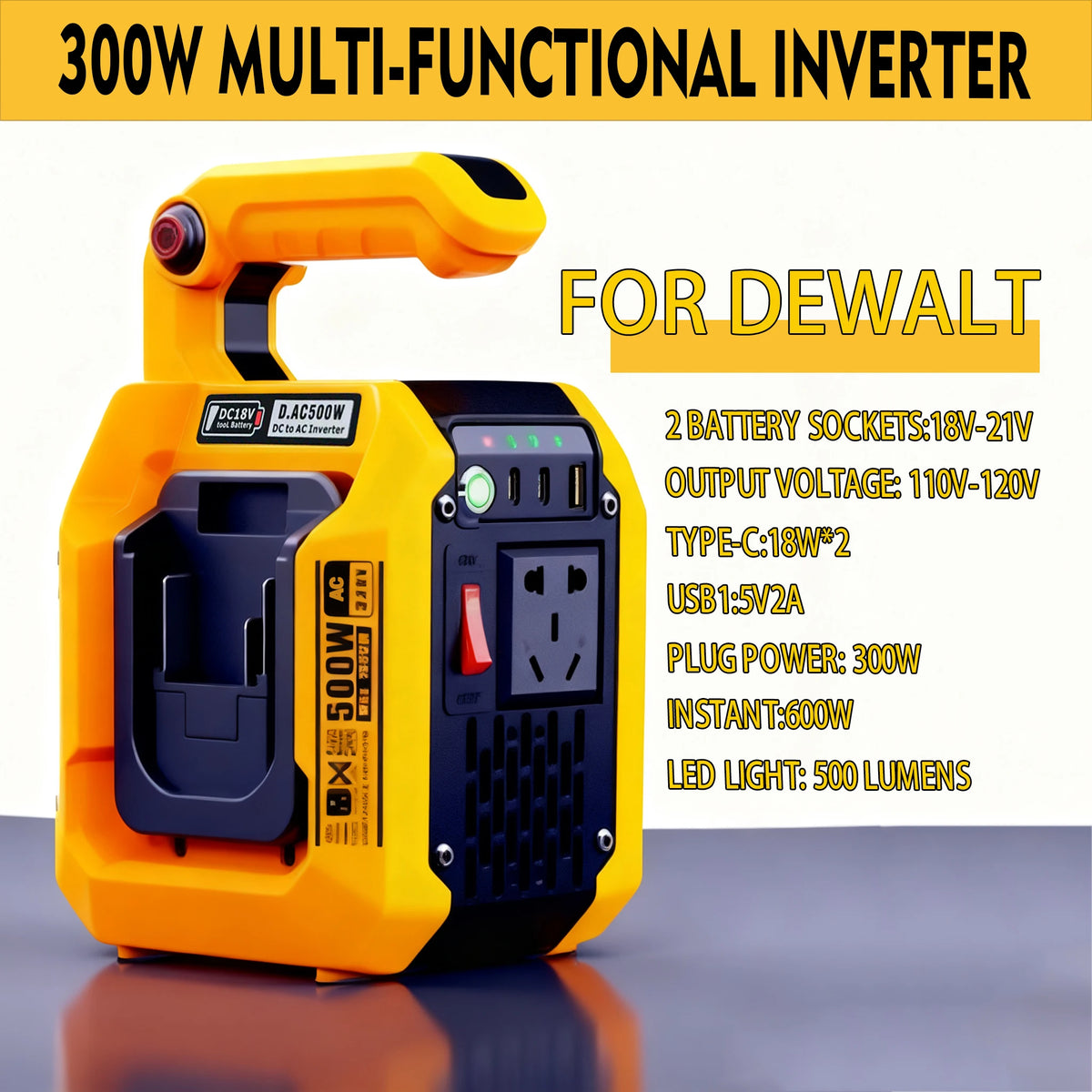 500W Power Inverter for Makita Milwaukee 18V Battery 18V to 120V/220V Pure Sine Wave Inverter with LED Light for Outdoor Camping