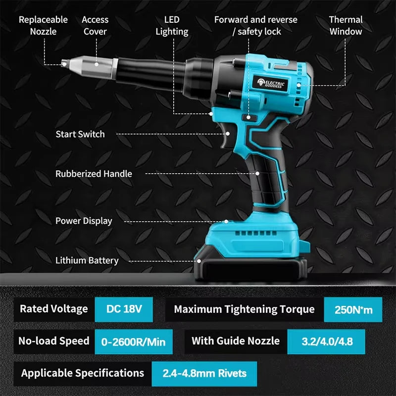 Electric Goddess Brushless Electric Rivet Gun 2.4~4.8mm Cordless Rivet Nut Gun Drill Insert Power Tools For Makita 18V Battery