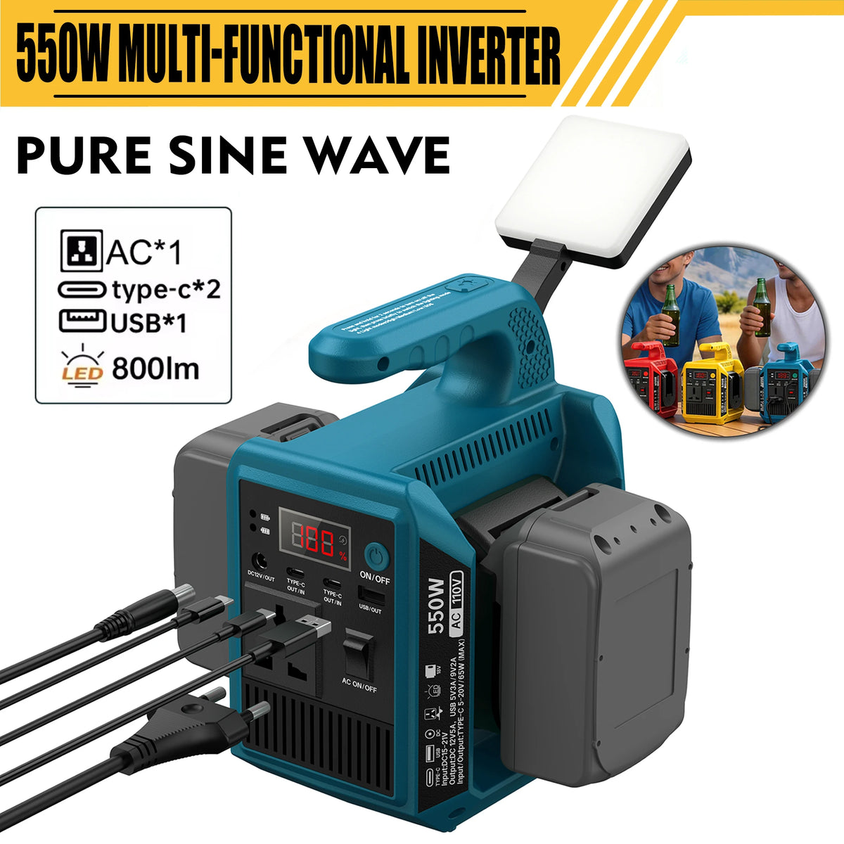 550W Portable Power Supply Inverter Compatible with Makita 18V Battery DC 18V to AC 110V/220V Converter with Type-C for Camping