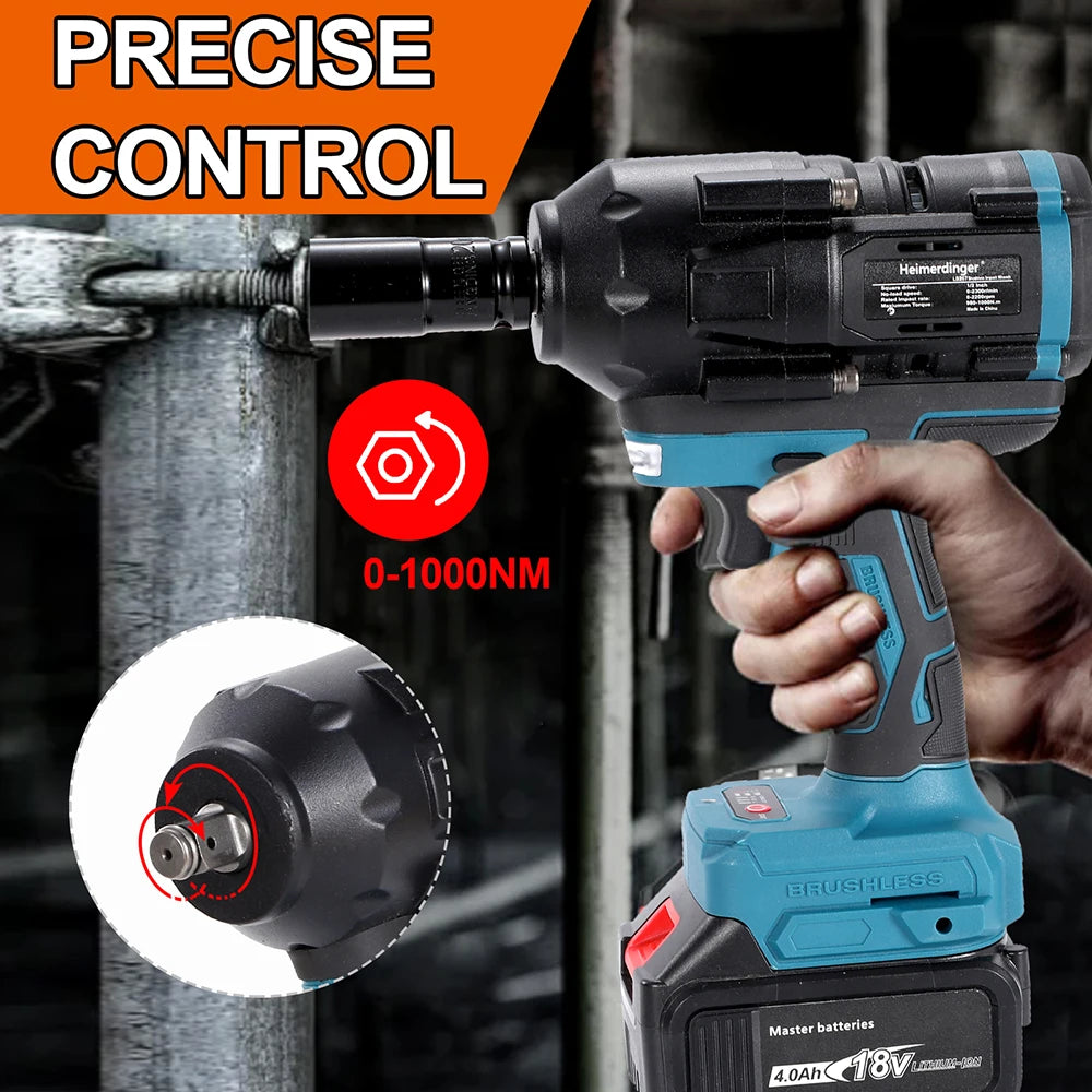 Heimerdinger 18V 1000NM 1/2 brushless cordless impact wrench compatible with makita battery for car, truck repair, No battery