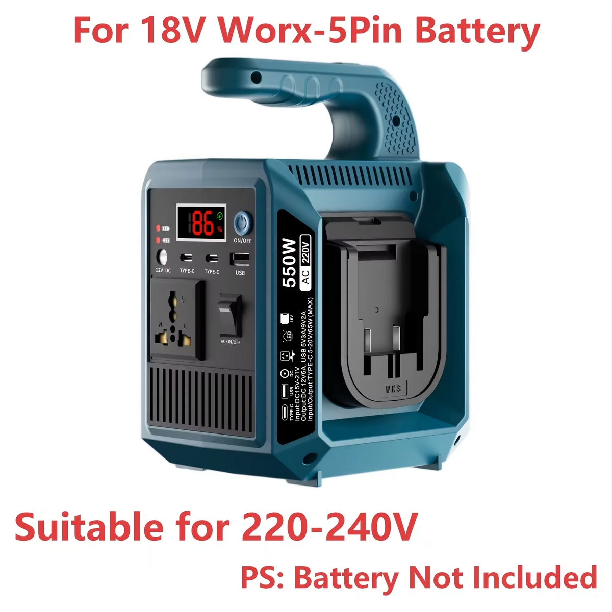 550W Portable Power Supply Inverter Compatible with Makita 18V Battery DC 18V to AC 110V/220V Converter with Type-C for Camping