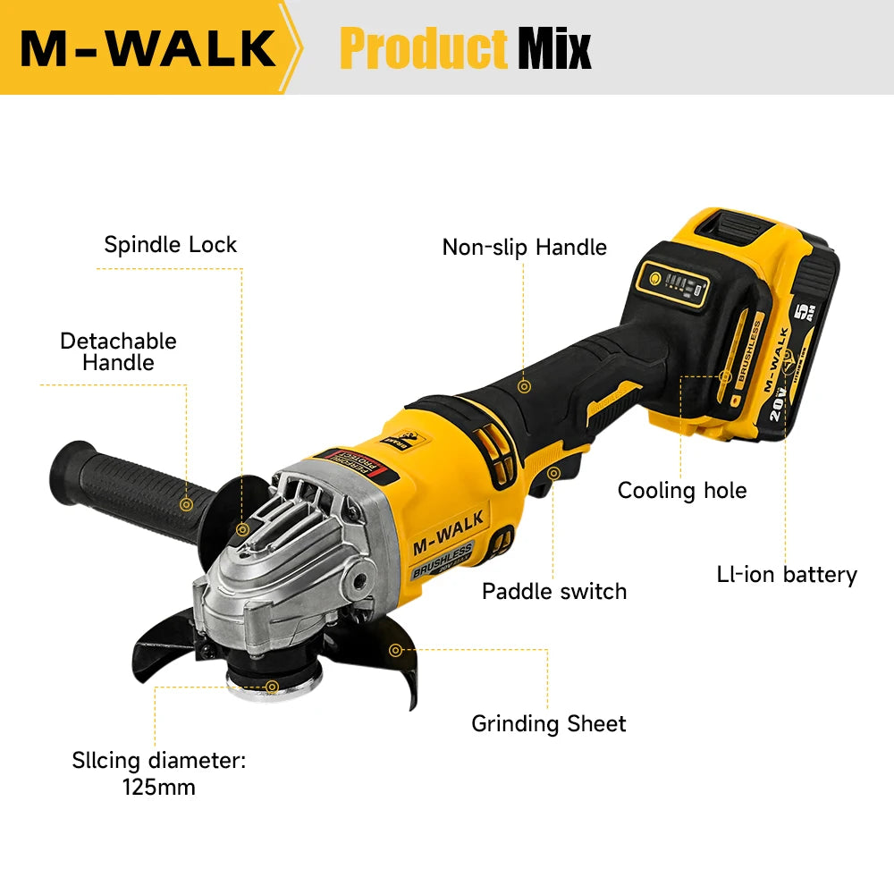 M-WALK Brushless Cordless Electric Angle Grinder 125mm Polishing Grinding Machine Cutting Power Tools For Dewalt 18/20V Battery