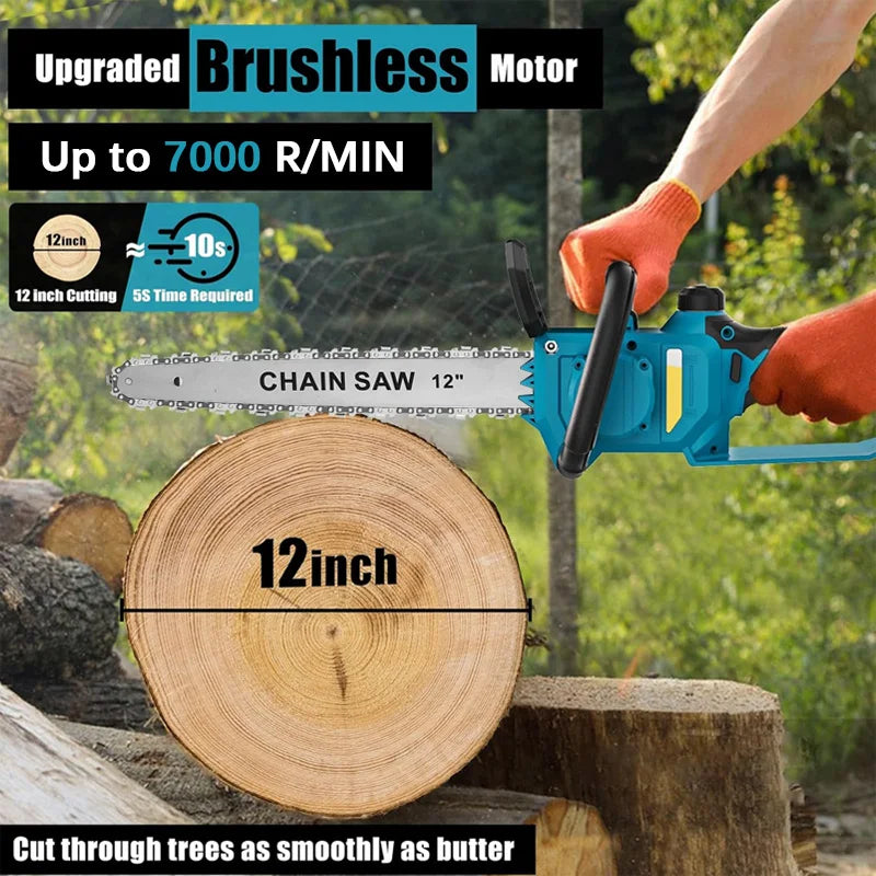 12-inch Cordless Blue Electric Chainsaw 600W Handheld Brushless Woodworking Chainsaw Power Tool For Makita 18V Battery