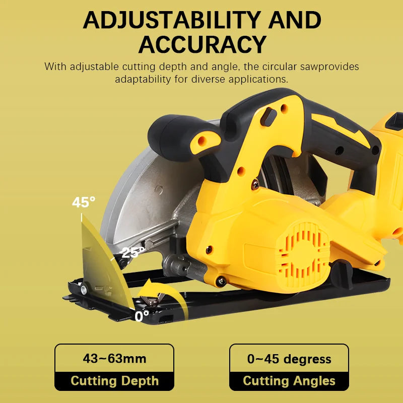 5000rpm 7inch Cordless Yellow Circular Saw Brushless Motor Multi-angle Cutting Woodworking Power Tool for Dewalt 20v Battery Pin