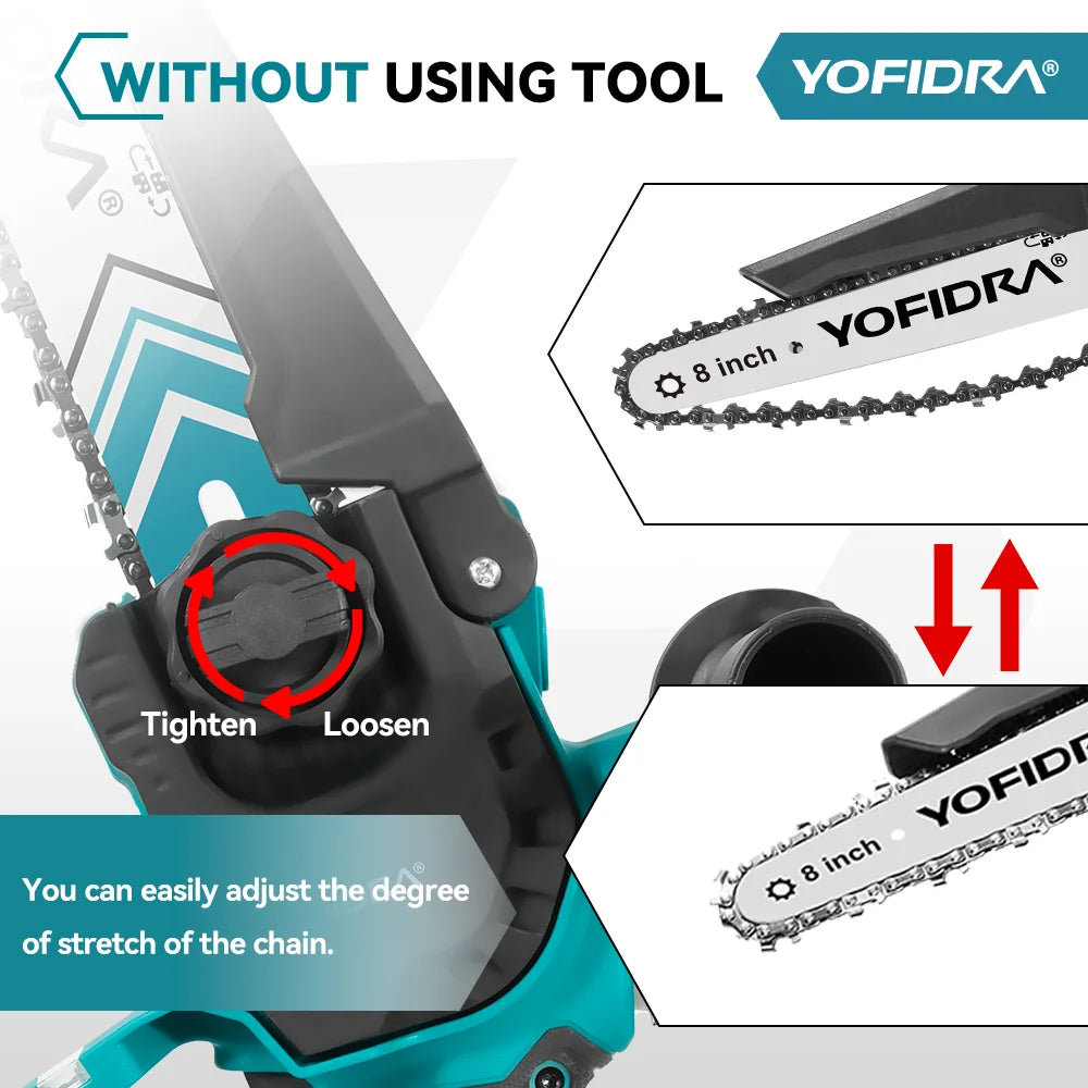 YOFIDRA 8 Inch Brushless Electric Chainsaw 4500W Cordless Woodworking Pruning Saw Cutting Power Tool For Makita 18V Battery Pin