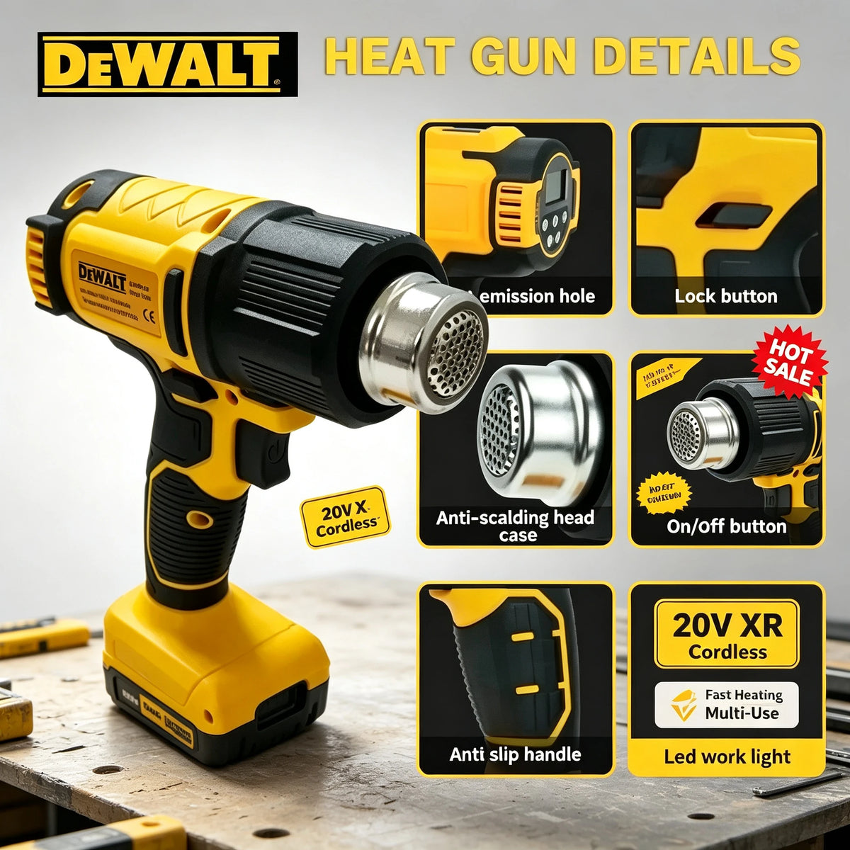 Dewalt Cordless Digital Display Electric Air Guns Heat Gun Industrial Shrink Wrapping Hot Air Gun With 3 Nozzles for 18V Battery