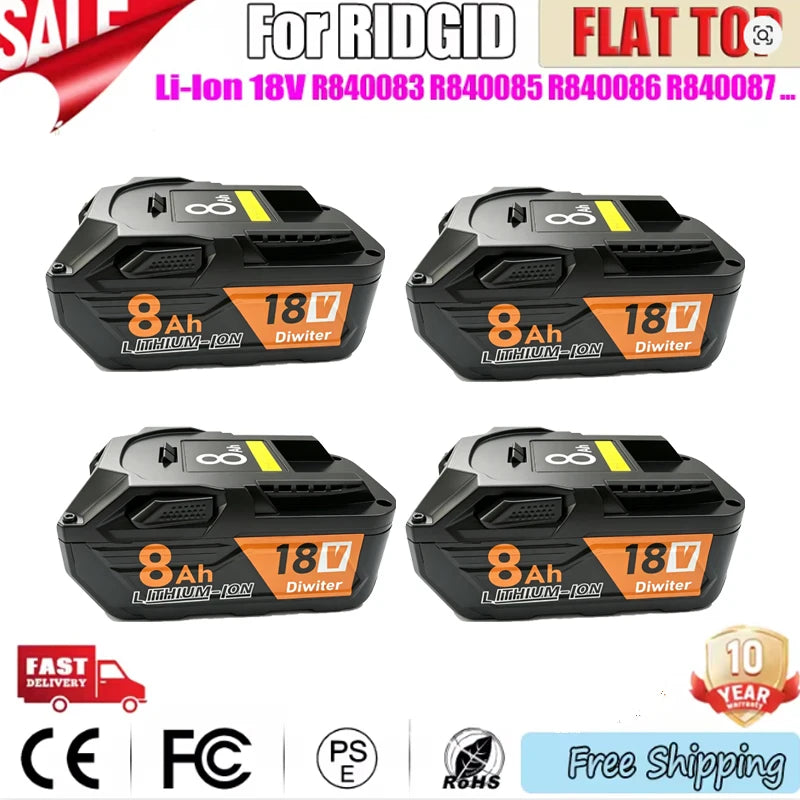 8AH Li-ion 18V For RIDGID R840087 Battery R840083 R840085 R840086 Capacity 6.0/4.0ah Rechargeable Power Tool Series AEG Series
