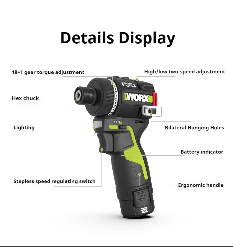 WORX WU139 Brushless Screwdriver Lightweight Cordless Drill 50N.m 1/4inch Electric Drill 12V Battery Mini Drill for Tight Spaces