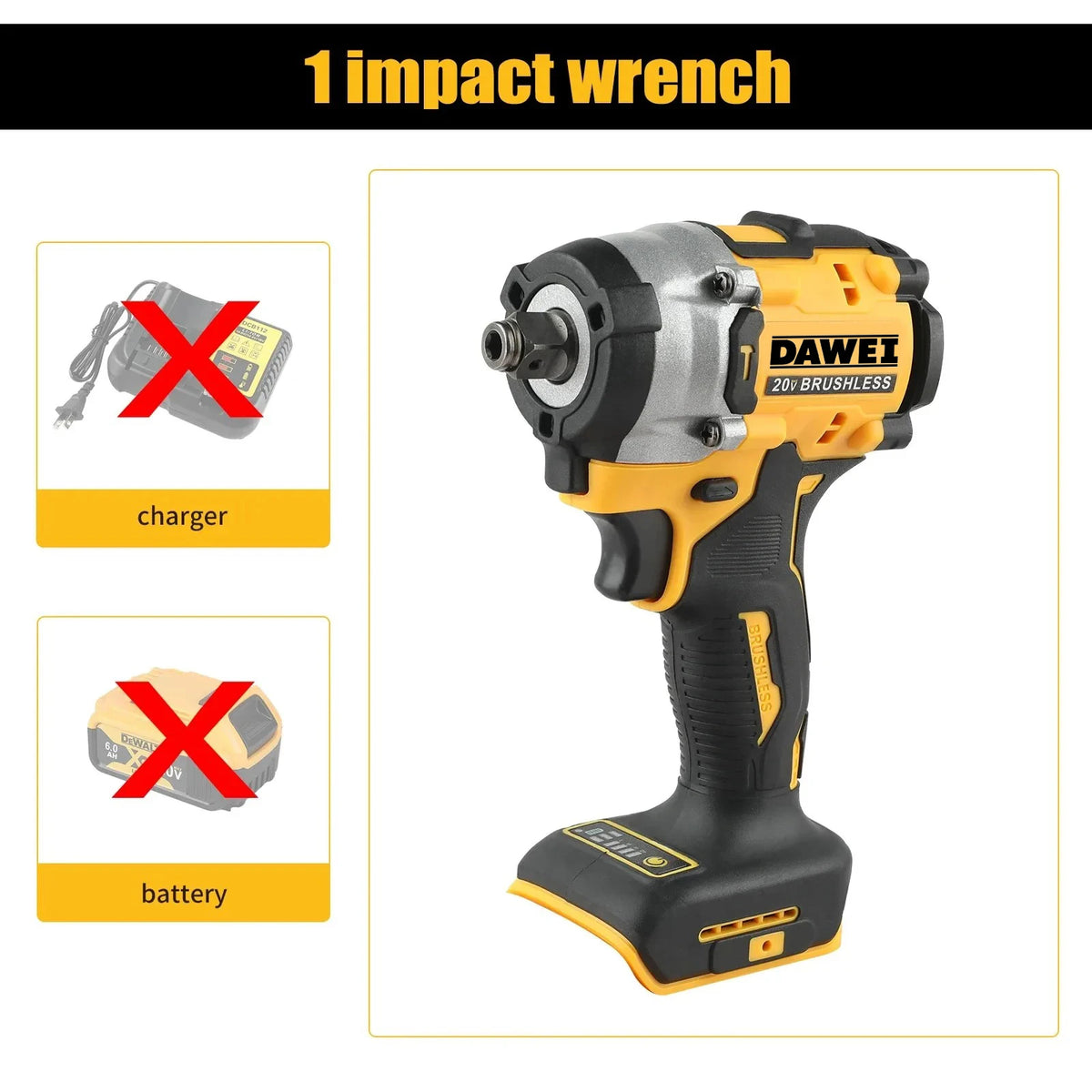 Wireless Impact Wrench Rechargeable High Torque 406Nm(Reverse) 1/2" 2500 PRM Universal For DEWALT 20V battery PIN