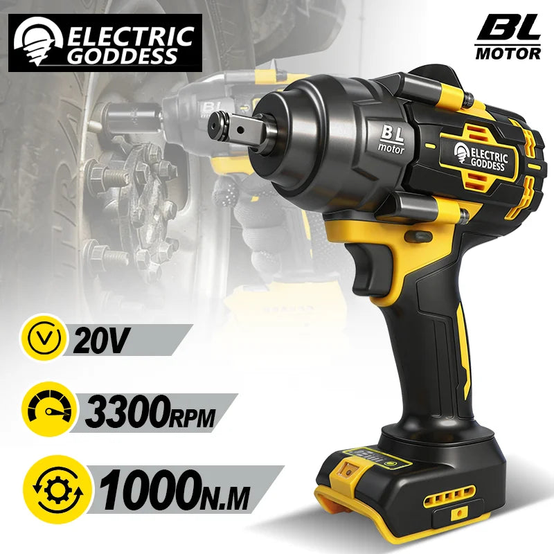 1000N·M High-torque Brushless Electric Wrench 1/2 Inch Impact Wrench Large Machine Service Tool For Dewalt 20V Battery Pin
