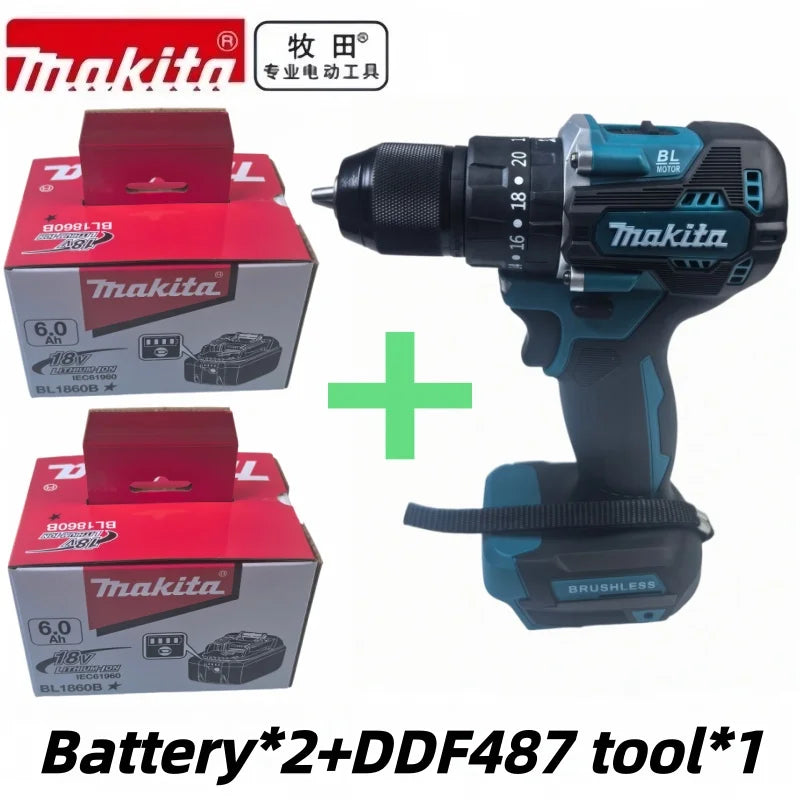 High Torque Original DDF487 Brushless Electric Screwdriver 18V, Makita Original 6.0Ah & Tool Package