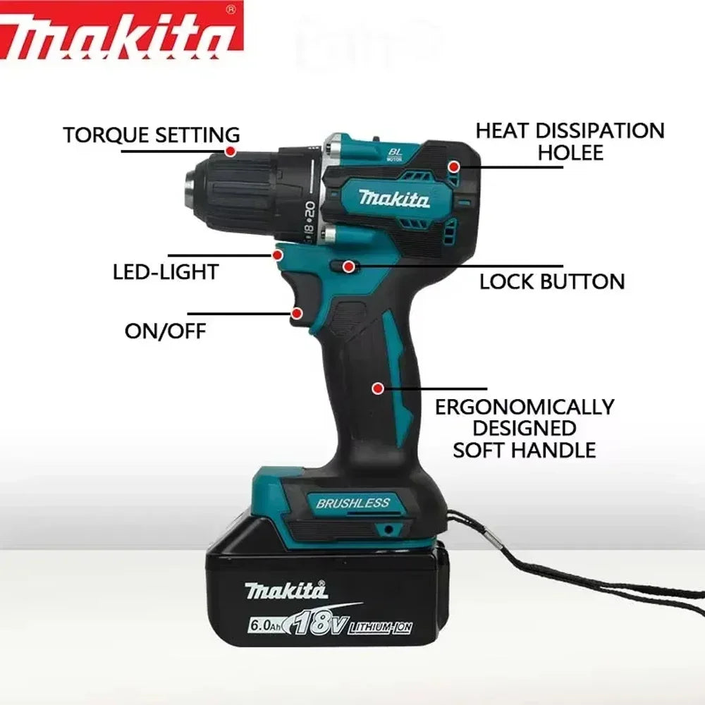 Makita 18V Li-ion Battery New Makita DDF487 10mm Brushless Hammer Drill 40N.m 2 Speed Cordless Impact Screwdriver Household Tool