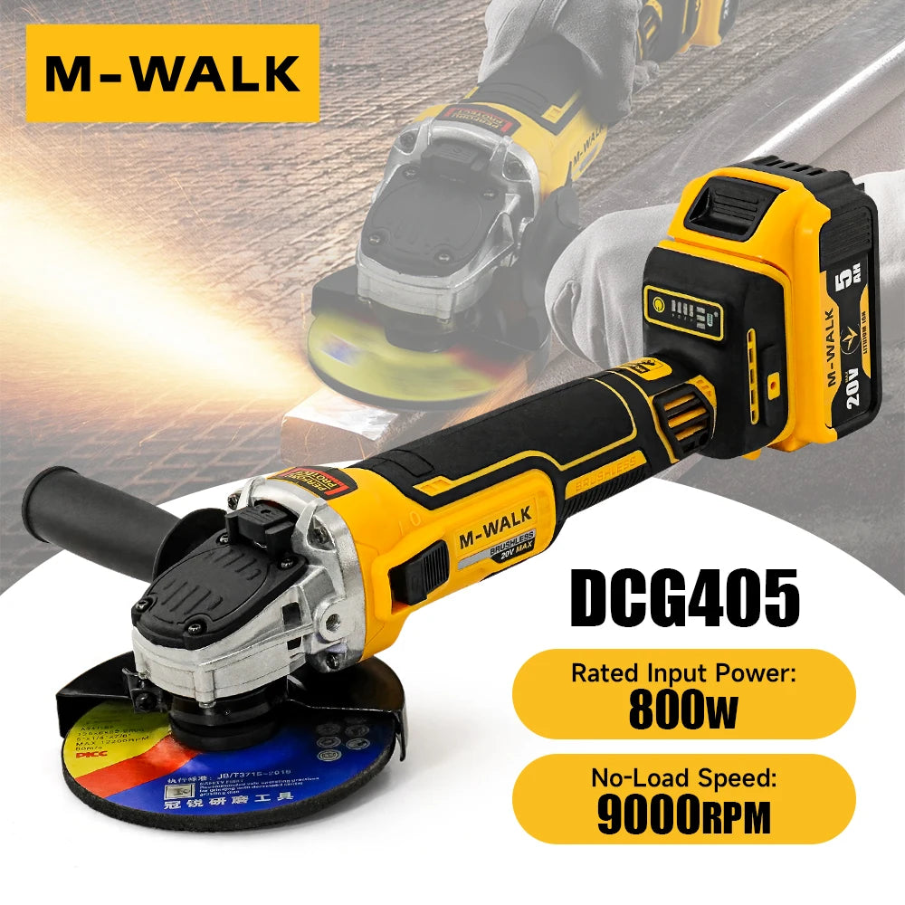 M-WALK 125mm Brushless Electric Angle Grinder Polishing Cutting Machine Cordless Angle Grinder Tools For Dewalt 18/20v Battery