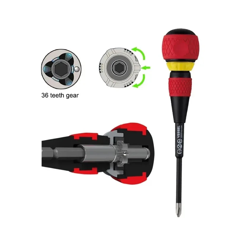 JIS VESSEL NO.2200 +2X100 -6X100 2-Piece Ratchet Screwdriver Set,36 Gear Phillips Screwdriver 2-in-1 Japan Tools