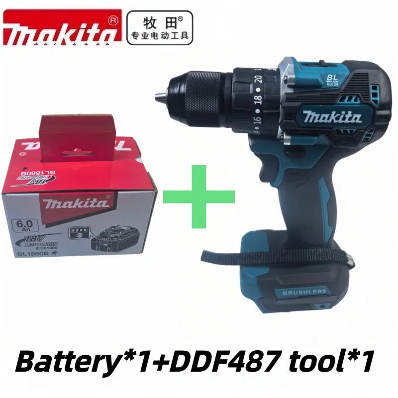 High Torque Original DDF487 Brushless Electric Screwdriver 18V, Makita Original 6.0Ah & Tool Package