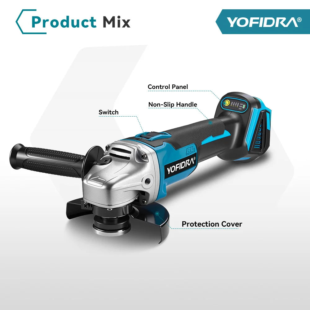 YOFIDRA 3000W 125MM Brushless Electric Angle Grinder M14 Grinder Polishing Cutting Machine Power Tool For Makita Battery Pin