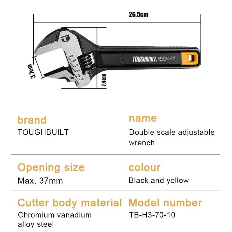 TOUGHBUILT TB-H3-70-08 TB-H3-70-10 Adjustable Wrench 8"/10" Double Scale Movable Spanner Durable Hand Tool