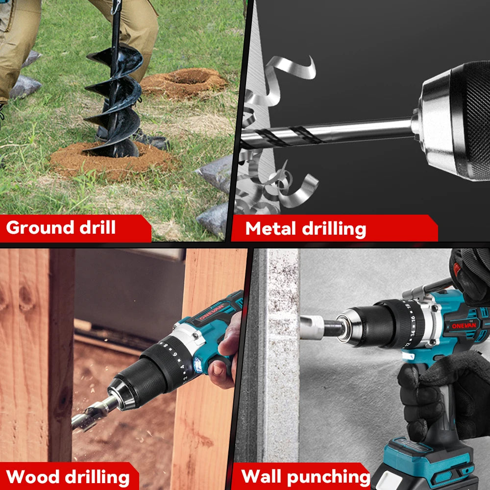ONEVAN 1500W Brushless Electric Impact Drill 650NM Cordless Screwdriver Plates Soil Wood Working Tool For Makita Battery Pin