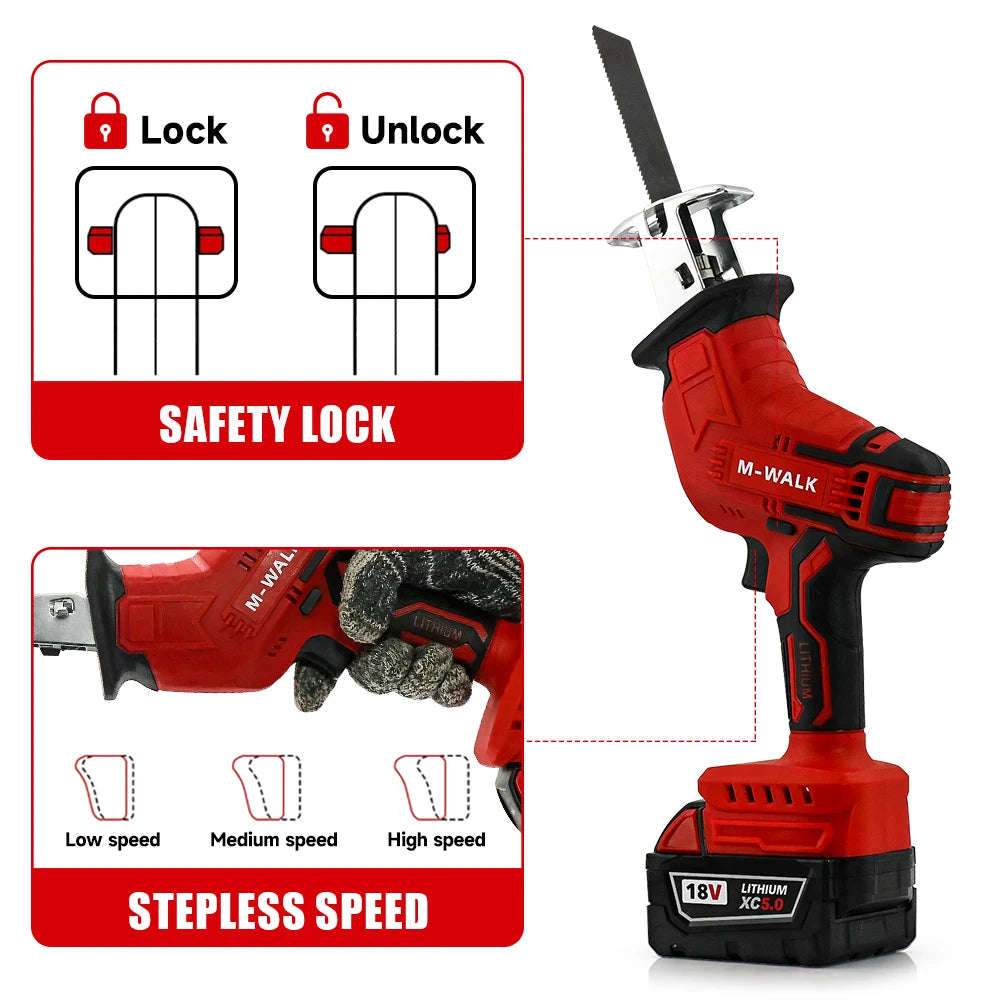 M-WALK Cordless Reciprocating Saw 18V Adjustable Speed Electric Saw Wood Metal Pipe Cutting Tools For Milwaukee 18V Battery Pins