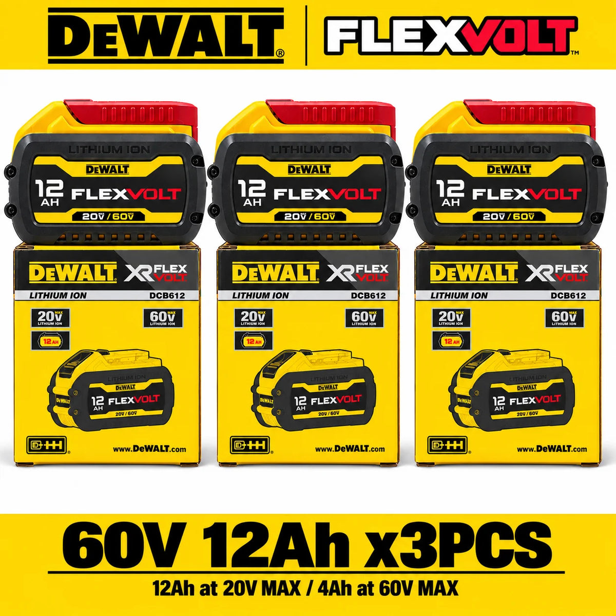 Original DEWALT DCB612 FLEXVOLT 60V MAX 12Ah Lithium Ion Rechargeable Battery for 20V and 60V MAX Cordless Power Tools