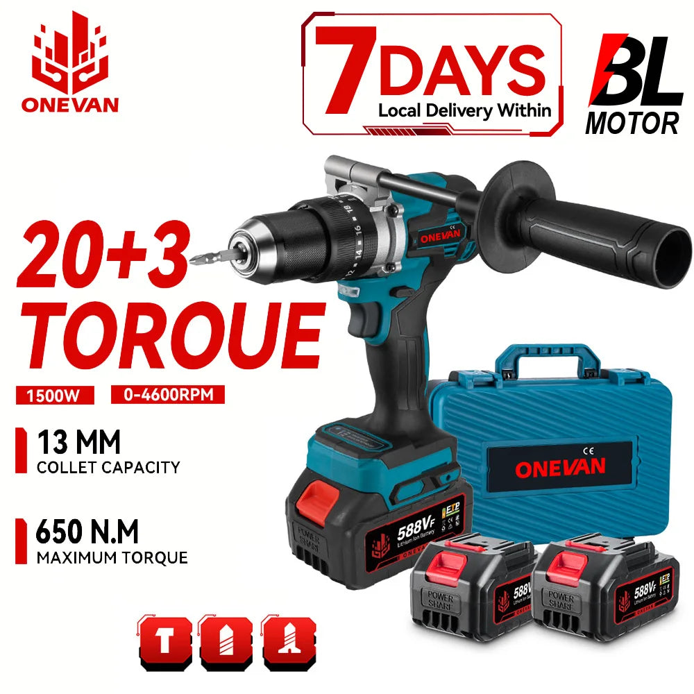 ONEVAN 1500W Brushless Electric Impact Drill 650NM Cordless Screwdriver Plates Soil Wood Working Tool For Makita Battery Pin