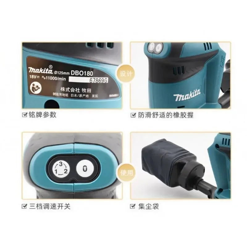 Makita DBO180Z 18V Brushless Orbital Sander Complete With Dust Bag For Wood Sanding And Varnish Repair Jobs