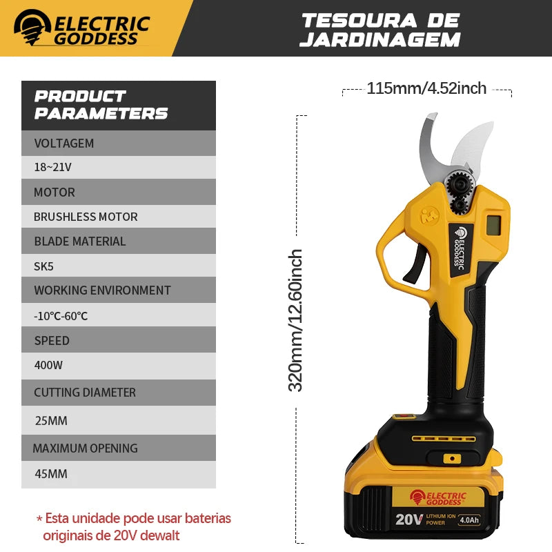 Electric Goddess Brushless 45mm Electric Pruning Shear For Dewalt 20V Battery Cordless Fruit Tree Bonsai Electric Scissors