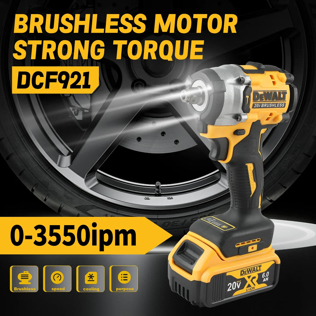 DeWALT DCF921 20V Cordless Brushless Impact Wrench, Compact Mini Body, 1/2 Inch Square Drive, Lightweight for Auto Tire Repair
