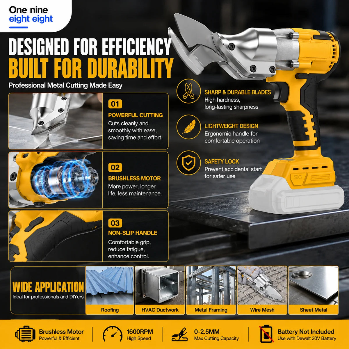 Cordless Brushless Metal Shears 1600RPM 2.5mm Cutting Thickness for Steel Aluminum Roofing Compatible with