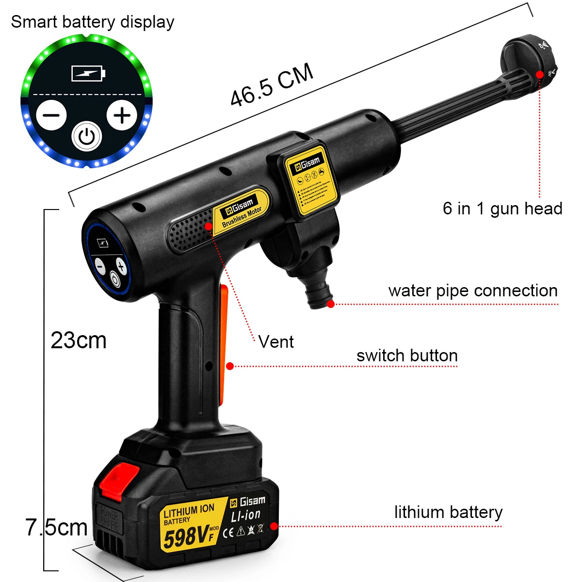 Gisam 200Bar Brushless Electric High Pressure Washer Gun 2Gear Power Home Car Washing Water Spray Gun for Makita 18V Battery Pin