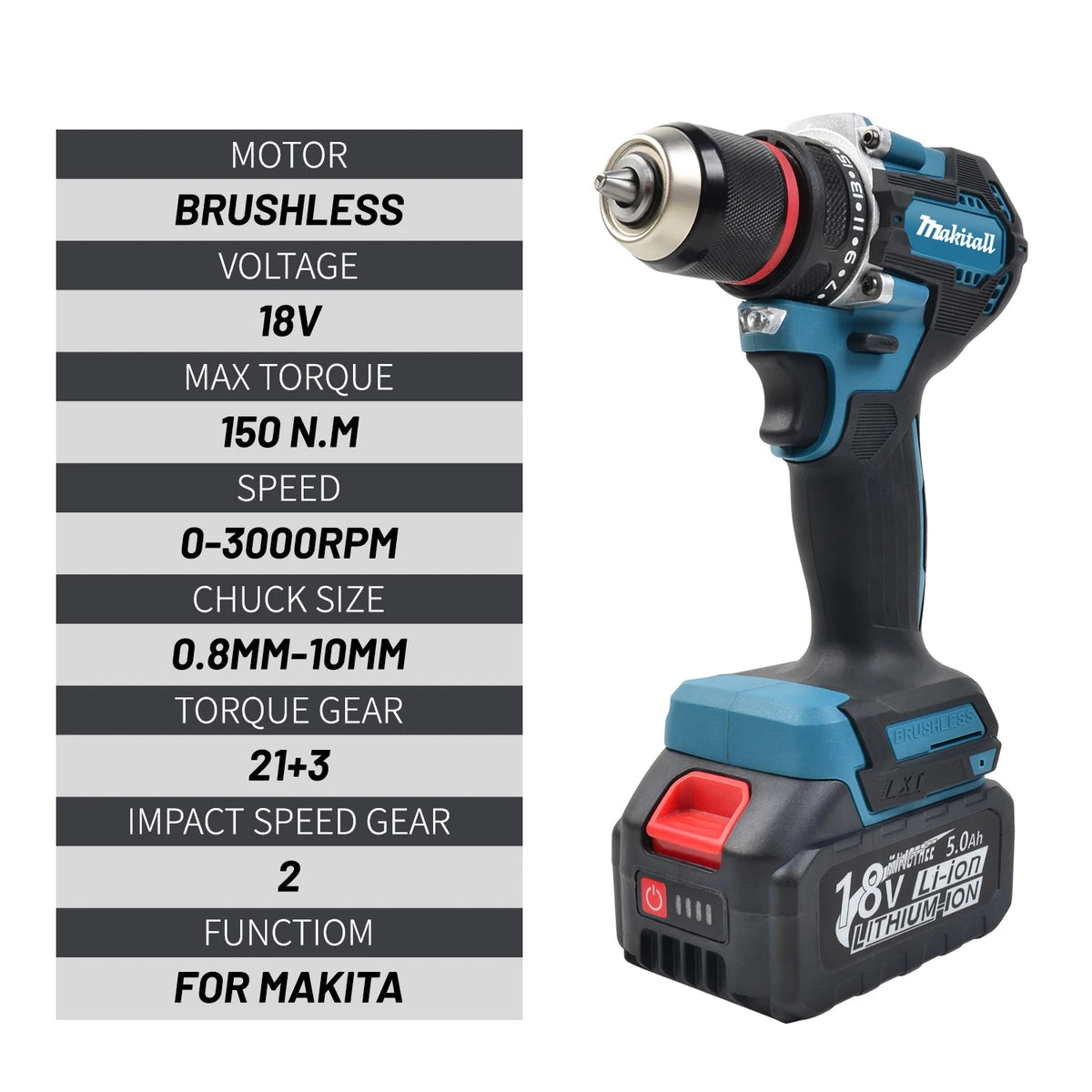 DDF487 Screwdriver Cordless Percussion Drill Electric Variable Speed Brushless Impact Power Tools Drill for makita18Vbattery pin