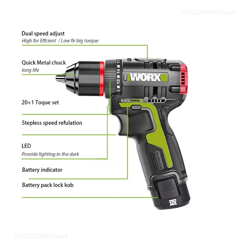 WORX WU130X Cordless Electric Screwdriver Drill 12V 40Nm Brushless Motor for Metalworking Home Lithium Battery Power Tools