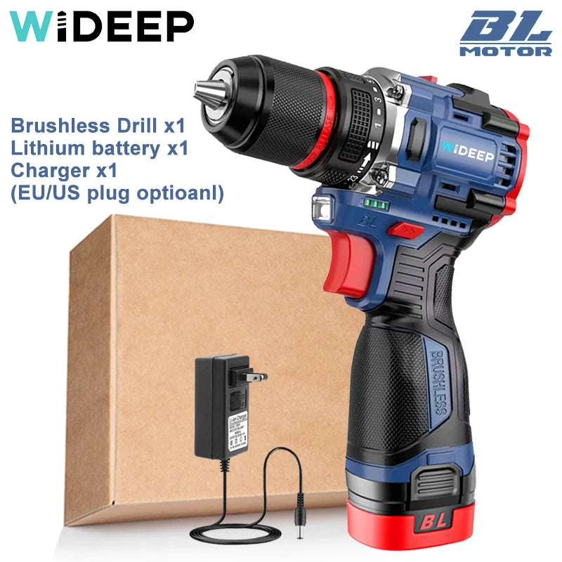 WIDEEP 16V 70N.m Brushless Cordless Drill Self-locking Chuck Electric Screwdriver 20+1 Torque Settings 2-Speeds Power Tools