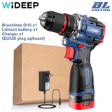 WIDEEP 16V 70N.m Brushless Cordless Drill Self-locking Chuck Electric Screwdriver 20+1 Torque Settings 2-Speeds Power Tools