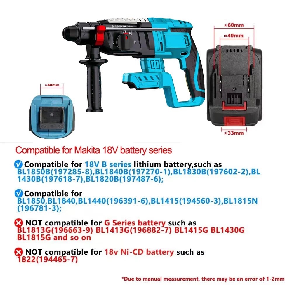 Brushless 28MM Electric Hammer Drill Multifunctional Rotary Cordless Rechargeable PowerTool For Makita/Dewalt/Milwaukee 20V Pin