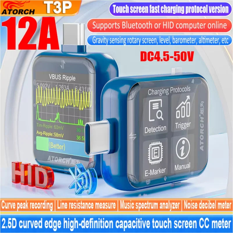 T3P Touch Control Gravity Sensor Digital Voltmeter Ammeter Charge Power Capacity Protocol Automatic Detection USB Tester