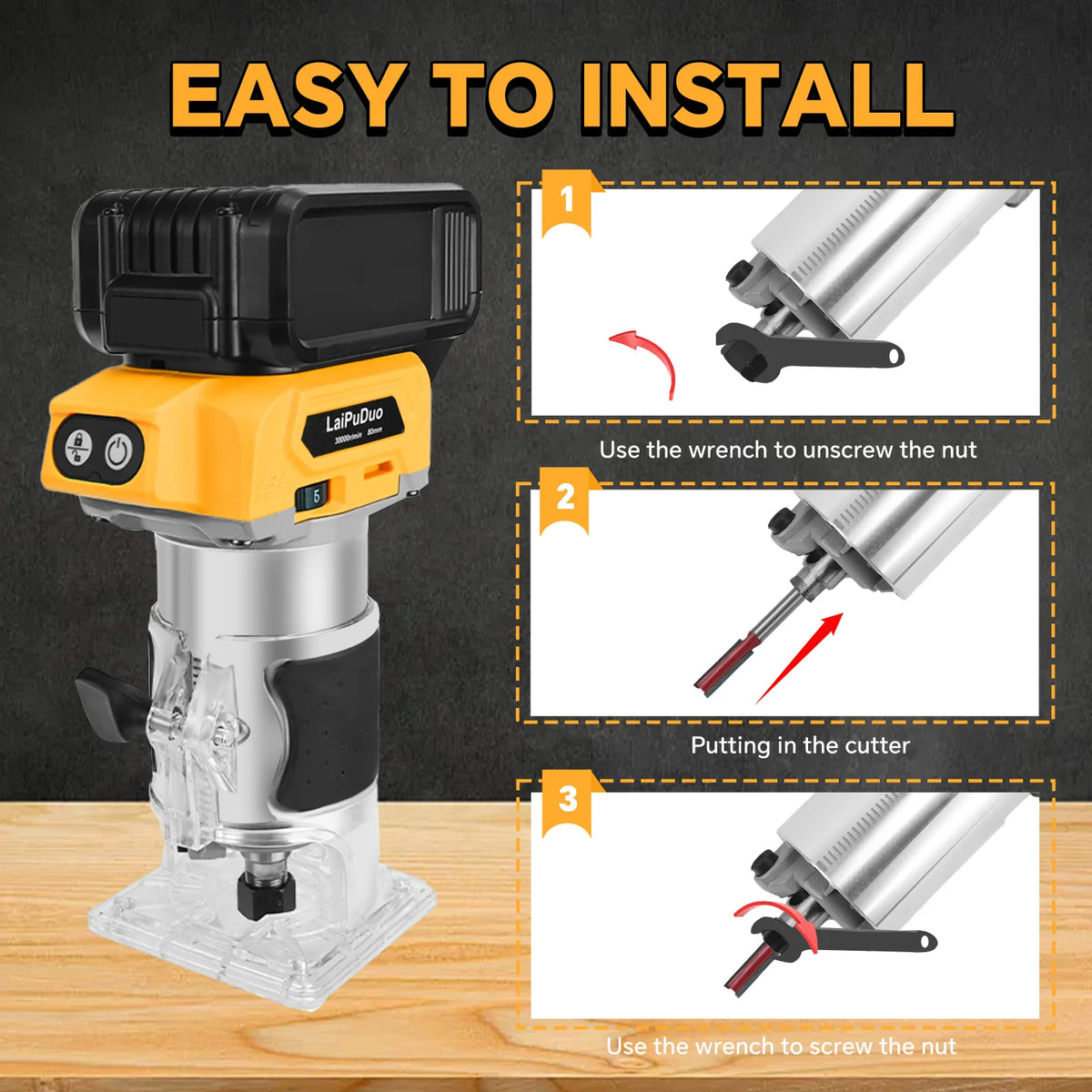 Cordless Wood Router 800W 30000RPM Brushless Electric Trimmer Woodworking Trimming Machine for Dewalt 20V Battery (No Battery)