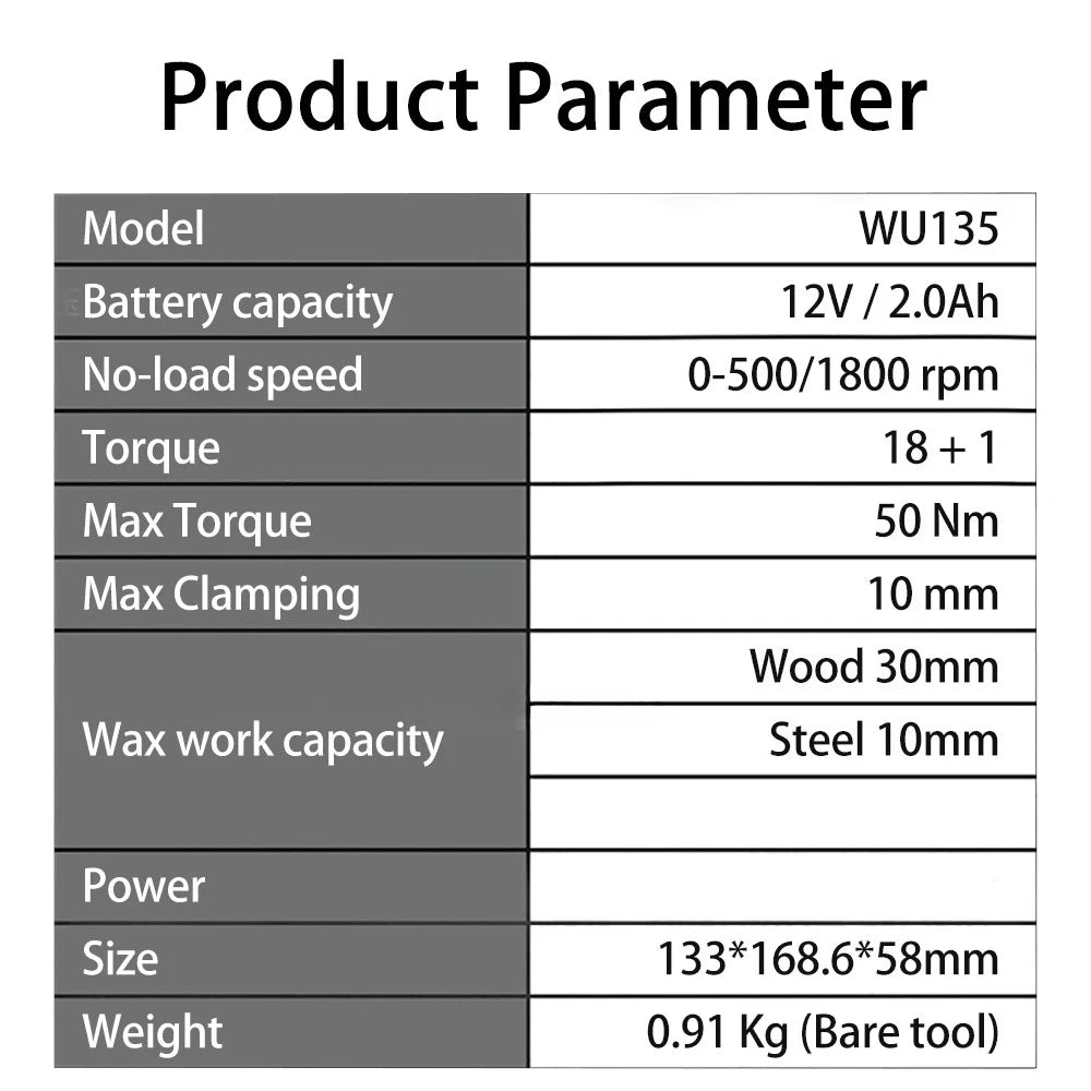WORX WU135 Cordless Electric Drill 12V 50Nm 1800rpm Brushless Motor Electric Screwdriver Impact Drill Metalworking Smart Cutch