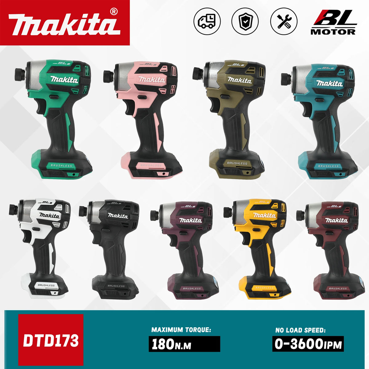 Makita 18V DTD173 Cordless Impact Driver LXT BL Brushless Motor Electric Drill Wood/Bolt/T-Mode 180 N·M Rechargeable Power Tools