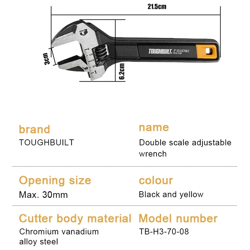 TOUGHBUILT TB-H3-70-08 TB-H3-70-10 Adjustable Wrench 8"/10" Double Scale Movable Spanner Durable Hand Tool