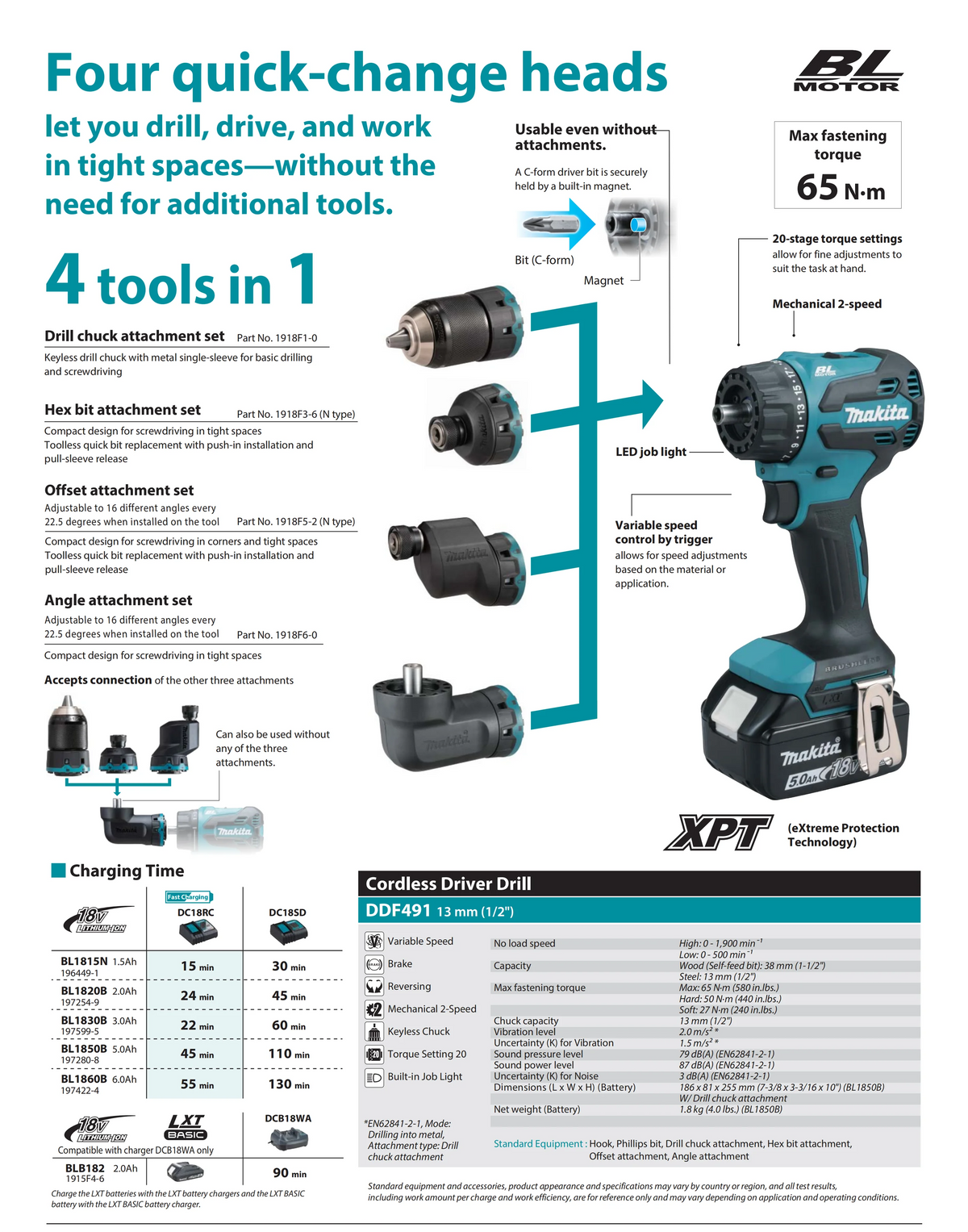 Makita DDF491 Power Tools Cordless Driver Drill 18V Electric Screwdriver with Four Interchangeable Tool Heads