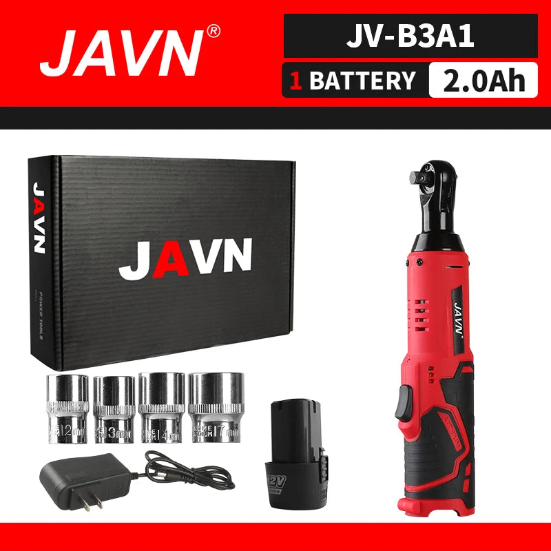JAVN 12V Cordless Electric Wrench, 45NM 3/8'' Ratchet Wrench, Removal Screw Nut ,Car Repair Tools, Right Angle Wrench, Powe