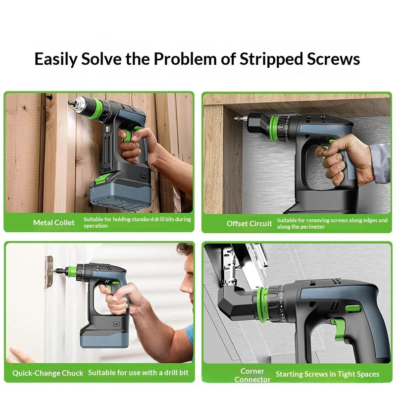HAOLTON Cordless Brushless Drill 4-in-1 Kit, Quick Release/Offset/Right Angle Chuck, Variable Speed LED, for Makita 18V Battery
