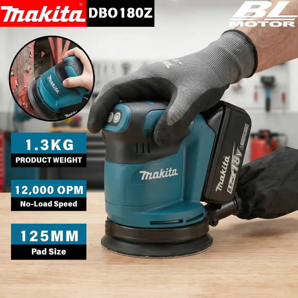 Makita DBO180Z 18V Cordless Random Sander 125mm 3 Speed 7000-11000OPM with Pad Brake for Furniture Sanding