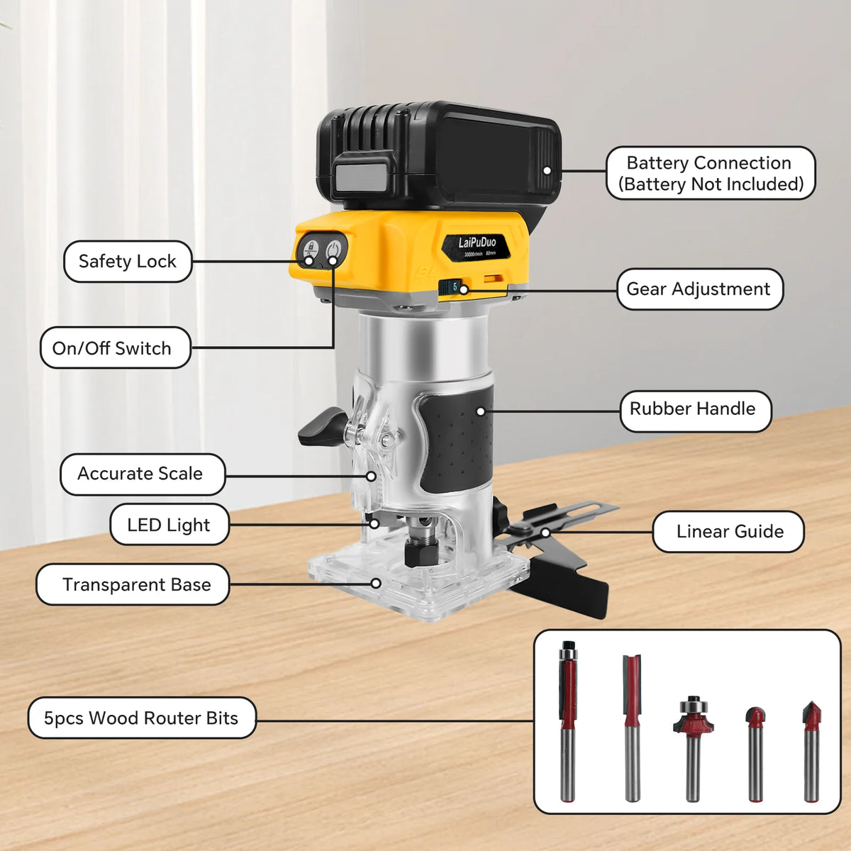 Cordless Wood Router 800W 30000RPM Brushless Electric Trimmer Woodworking Trimming Machine for Dewalt 20V Battery (No Battery)