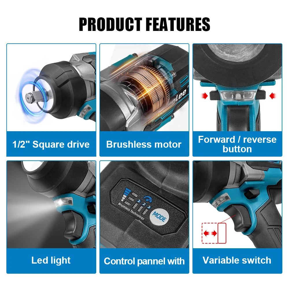 Kamolee 3100NM Wireless Charging High Torque Wrench 1/2 Inch Repair Electric Impact Wrench is compatible with Makita 18V battery