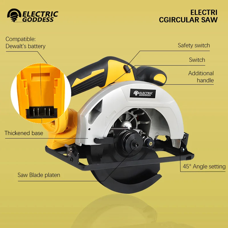 5000rpm 7inch Cordless Yellow Circular Saw Brushless Motor Multi-angle Cutting Woodworking Power Tool for Dewalt 20v Battery Pin