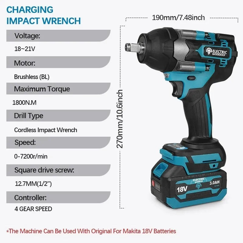 Electric Goddess Brushless Electric Impact Wrench Cordless Electric Wrench 1/2 inch for Makita 18V Battery Pin Screwdriver Tool