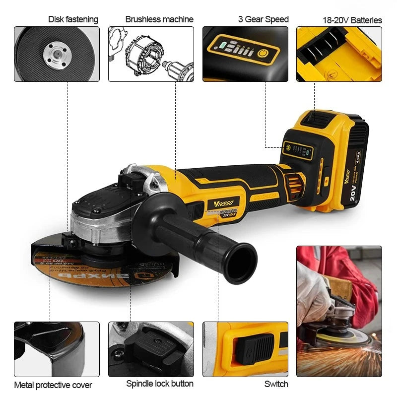 VIVSSO Angle Grinder 9000RPM Brushless Three Gear Speed Electric Angle Grinder Multi-function Grind For Dewalt 20v Battery Pins